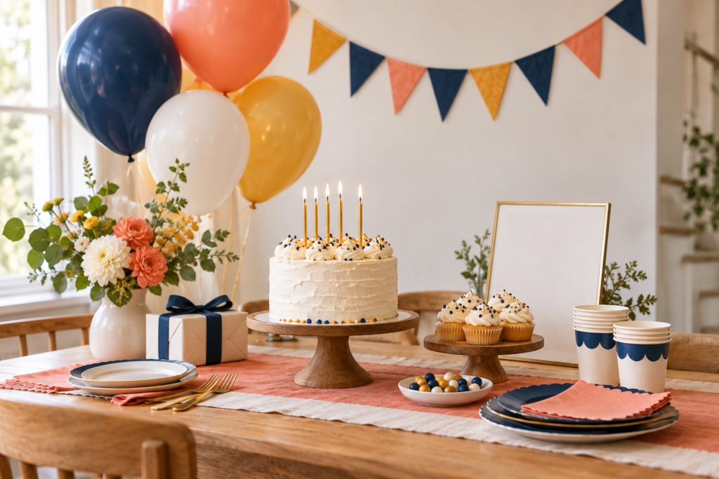 Birthday dessert table with cake, balloons, garland and coordinated tableware.