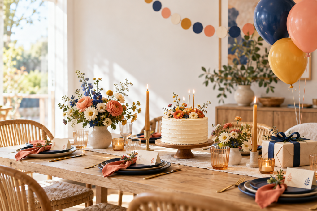 Birthday celebration table with a cake, flowers, coordinated place settings and balloons.