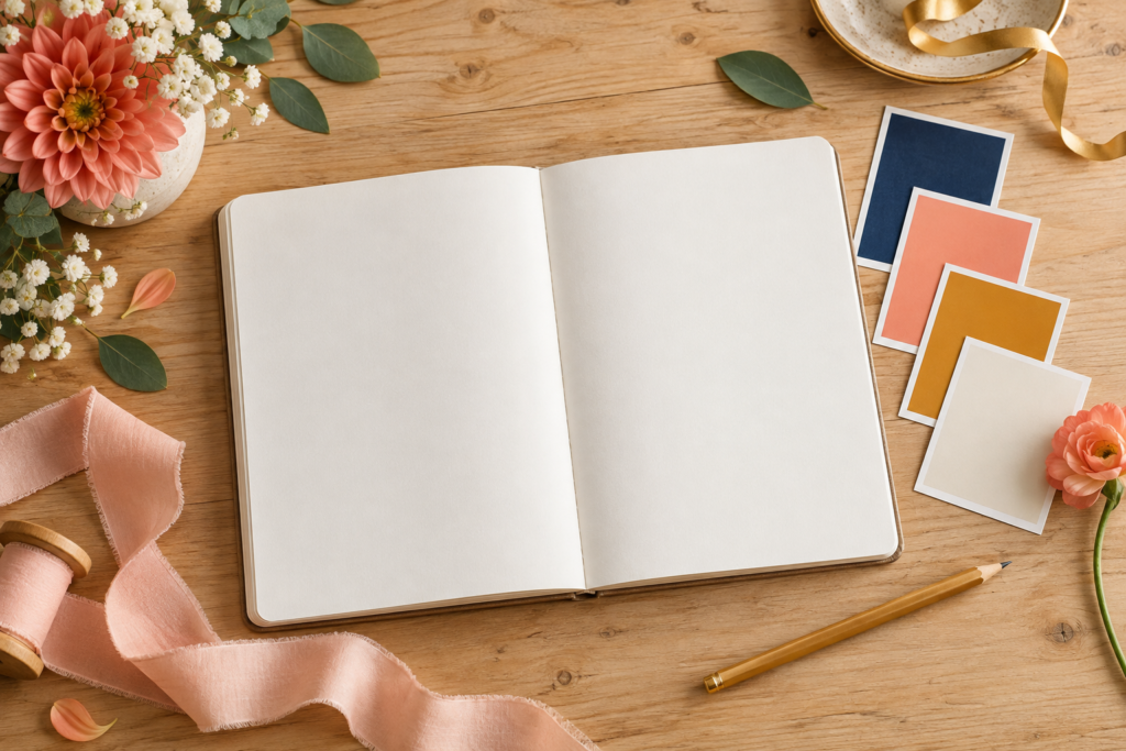 Open blank planning notebook beside color swatches, ribbon and a pencil.